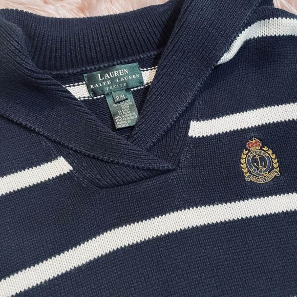 Vintage Ralph Lauren Sweater Heavy Knit 90's Crest Stripe Navy Old Money - Picture 3 of 3